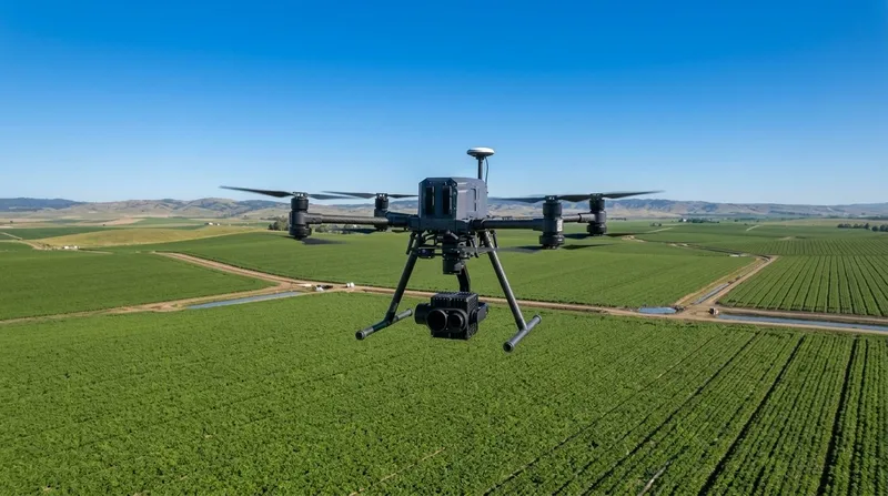 Mapping drone with a gimbal-mounted camera hovering over green Tulare County crop fields, with irrigation ditches, farm roads and dry foothills behind